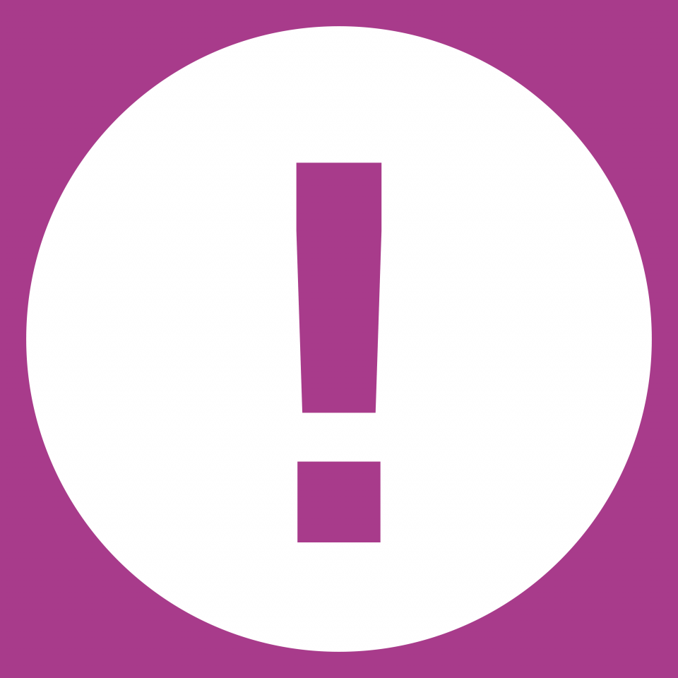 Lila bakgrund med en vit cirkel. Ett lila utropstecken mitt i cirkeln.