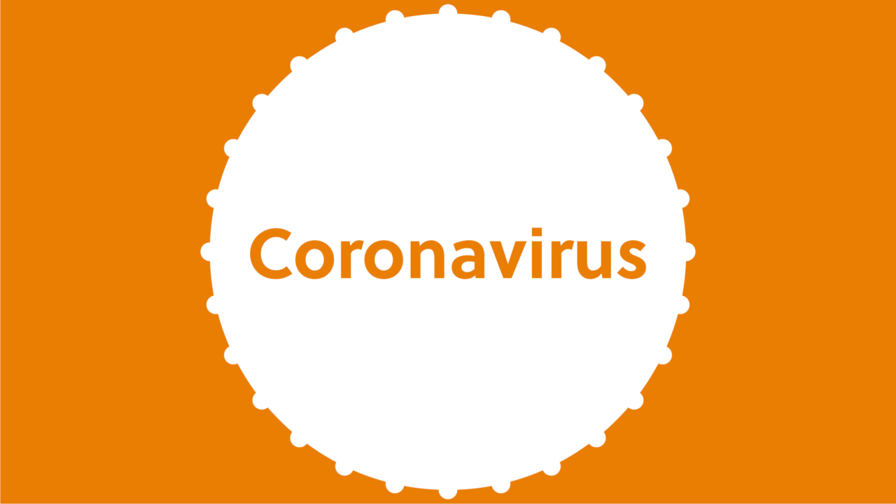 Orange bakgrund med en vit cirkel där det står coronavirus