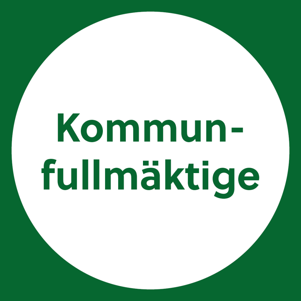 Grön bakgrund med en vit cirkel med ordet "kommunfullmäktige".