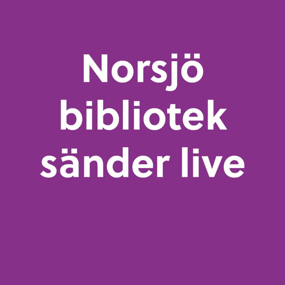 Lila bakgrund med vit text: Biblioteket sänder live