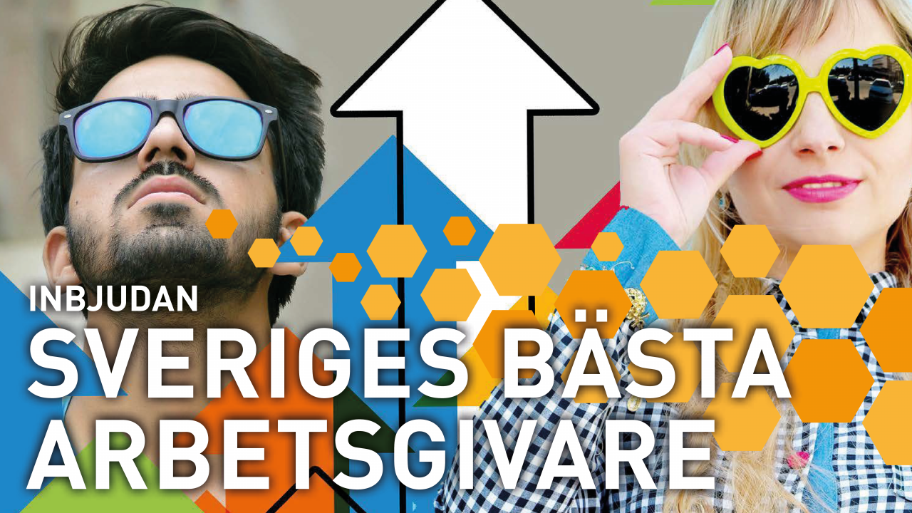 En man och en kvinna med solglasögon. Färgglad bild och texten "Inbjudan Sveriges bästa arbetsgivare".