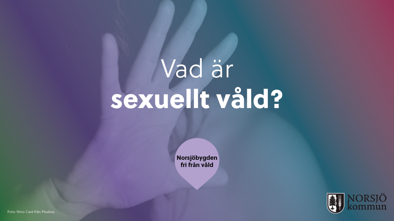 Hand som hålls upp. Text i bild: Vad är sexuellt våld?