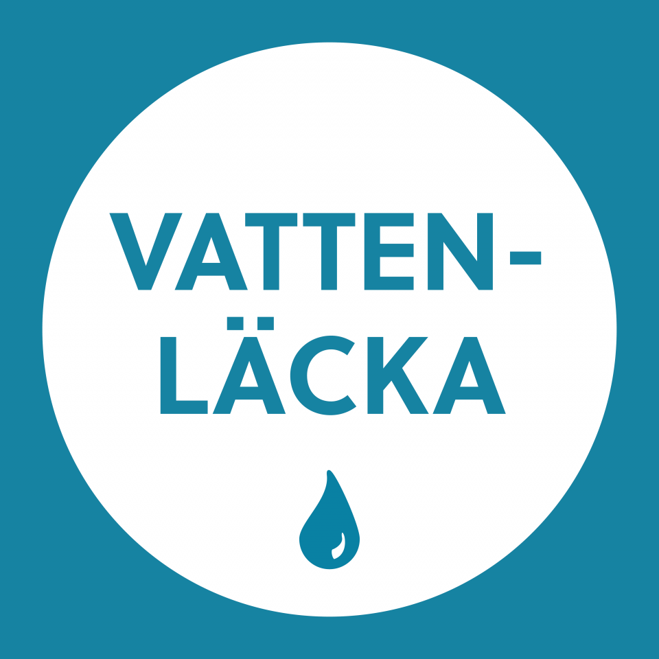 Blå bakgrund. Vit cirkel. Text i bild: vattenläcka